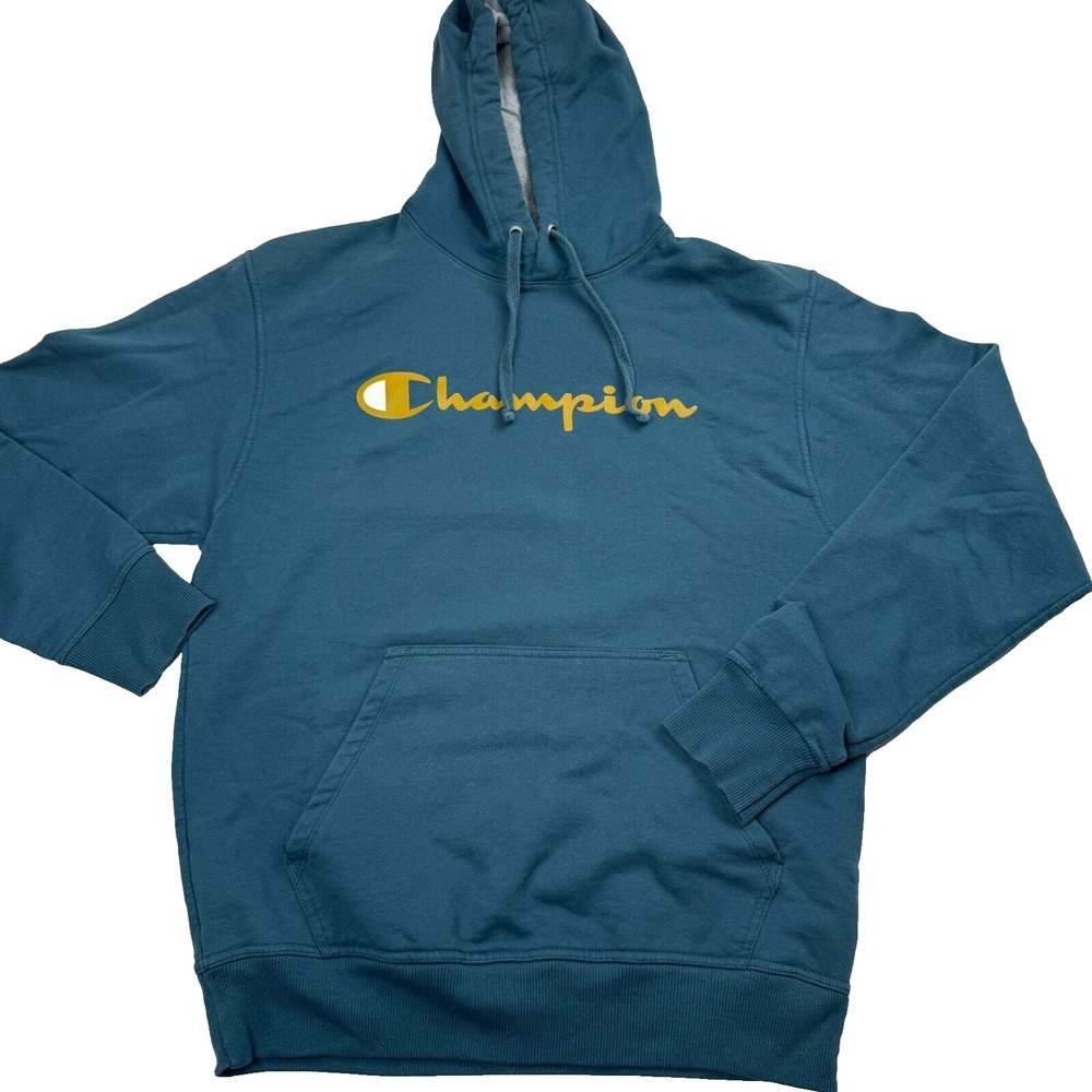 Champion Hoodie Men's Medium Teal Blue Graphic Print Logo Pockets‎ Pullover